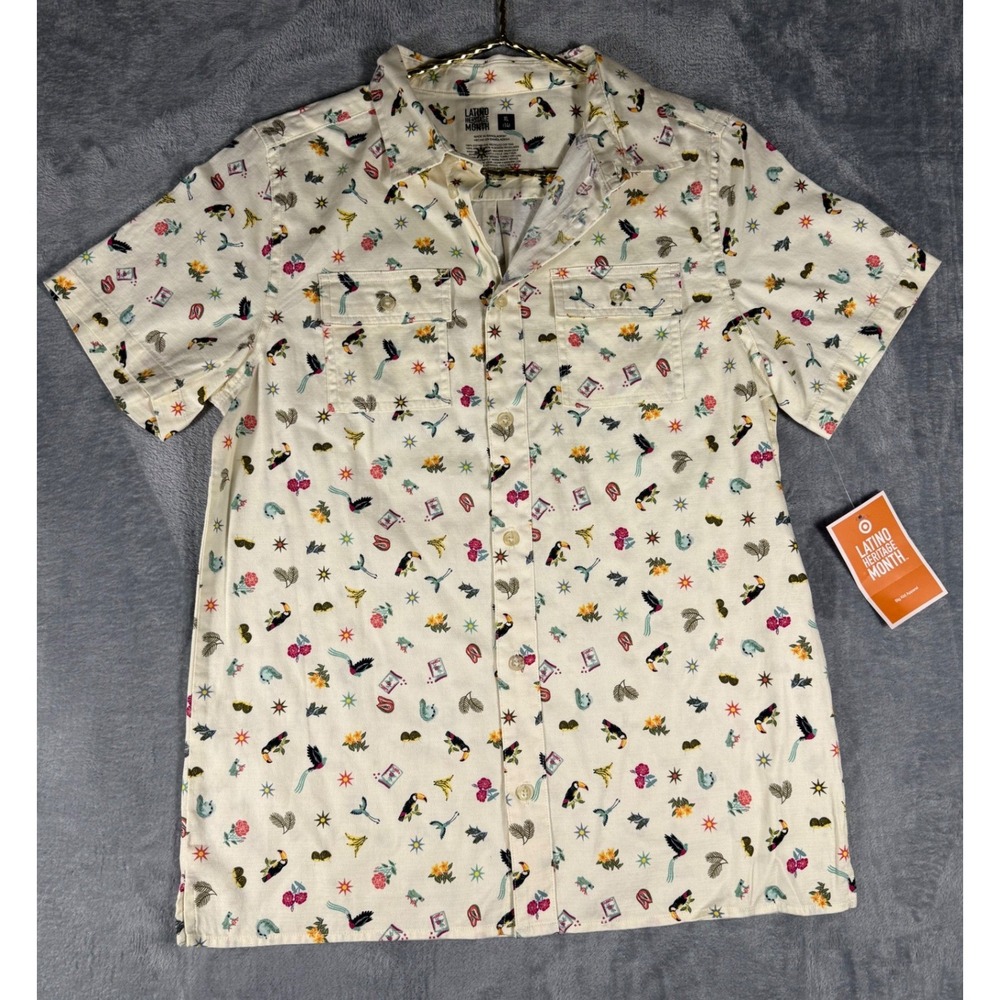 Latino Heritage Month Kids XL 14 Button Down Shirt Cream Tropical Toucan Print‎